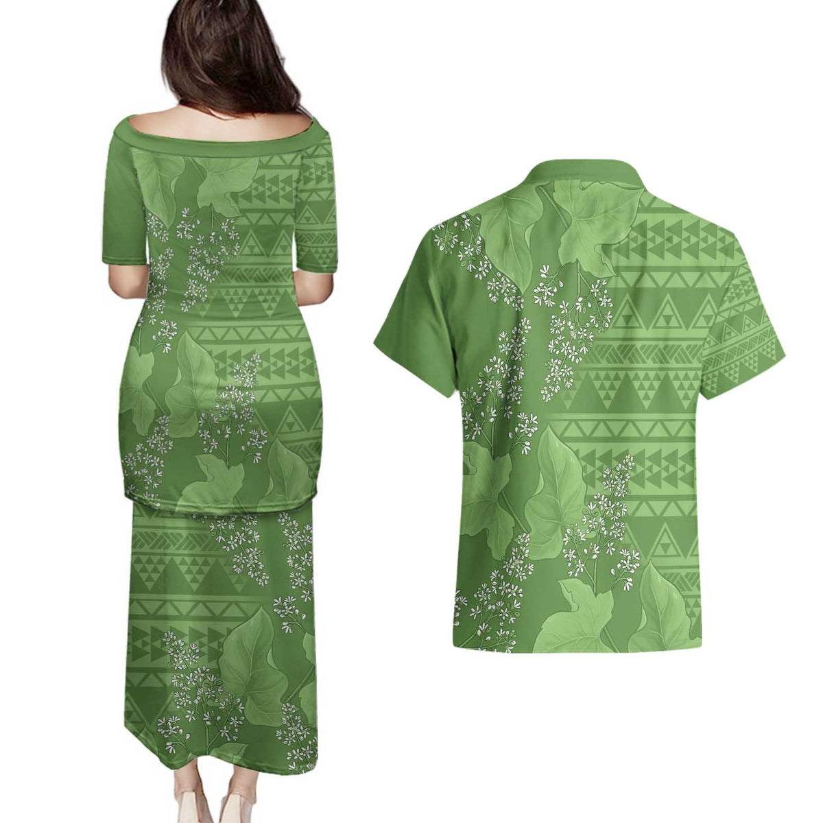 Hawaii Molokai Island Kukui Nut Flowers Couples Matching Puletasi and Hawaiian Shirt Tribal Kakau Pattern LT9 - Polynesian Pride