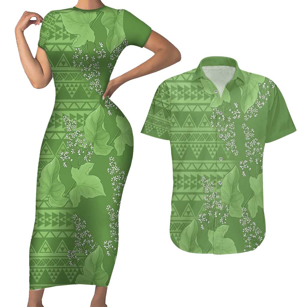 Hawaii Molokai Island Kukui Nut Flowers Couples Matching Short Sleeve Bodycon Dress and Hawaiian Shirt Tribal Kakau Pattern LT9 Green - Polynesian Pride