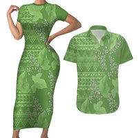 Hawaii Molokai Island Kukui Nut Flowers Couples Matching Short Sleeve Bodycon Dress and Hawaiian Shirt Tribal Kakau Pattern LT9 Green - Polynesian Pride