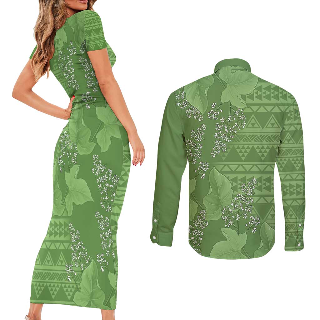 Hawaii Molokai Island Kukui Nut Flowers Couples Matching Short Sleeve Bodycon Dress and Long Sleeve Button Shirt Tribal Kakau Pattern LT9 - Polynesian Pride