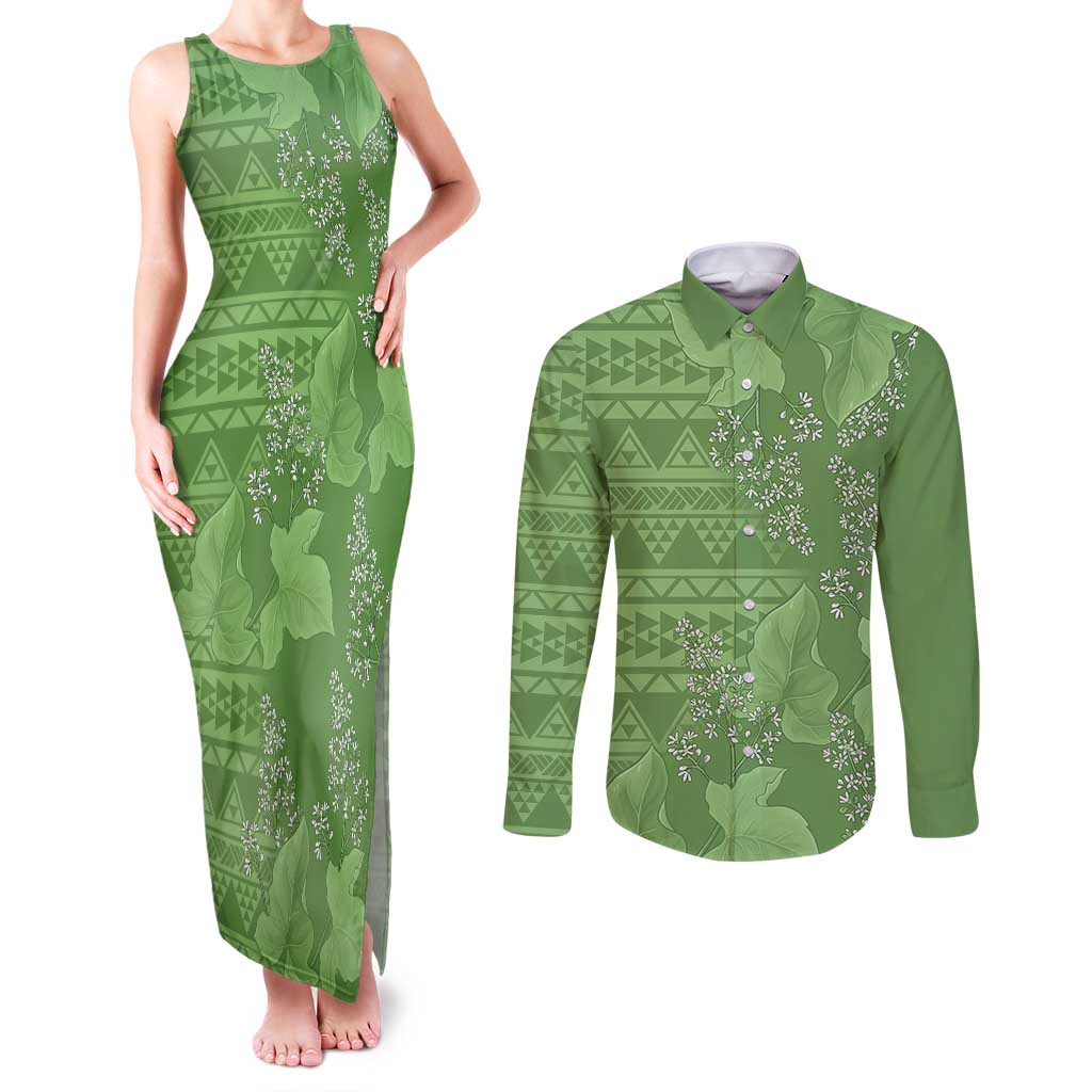 Hawaii Molokai Island Kukui Nut Flowers Couples Matching Tank Maxi Dress and Long Sleeve Button Shirt Tribal Kakau Pattern LT9 Green - Polynesian Pride