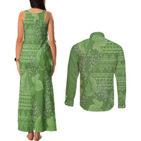 Hawaii Molokai Island Kukui Nut Flowers Couples Matching Tank Maxi Dress and Long Sleeve Button Shirt Tribal Kakau Pattern LT9 - Polynesian Pride