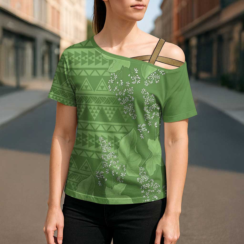 Hawaii Molokai Island Kukui Nut Flowers Cross Shoulder Shirt Tribal Kakau Pattern - Polynesian Pride