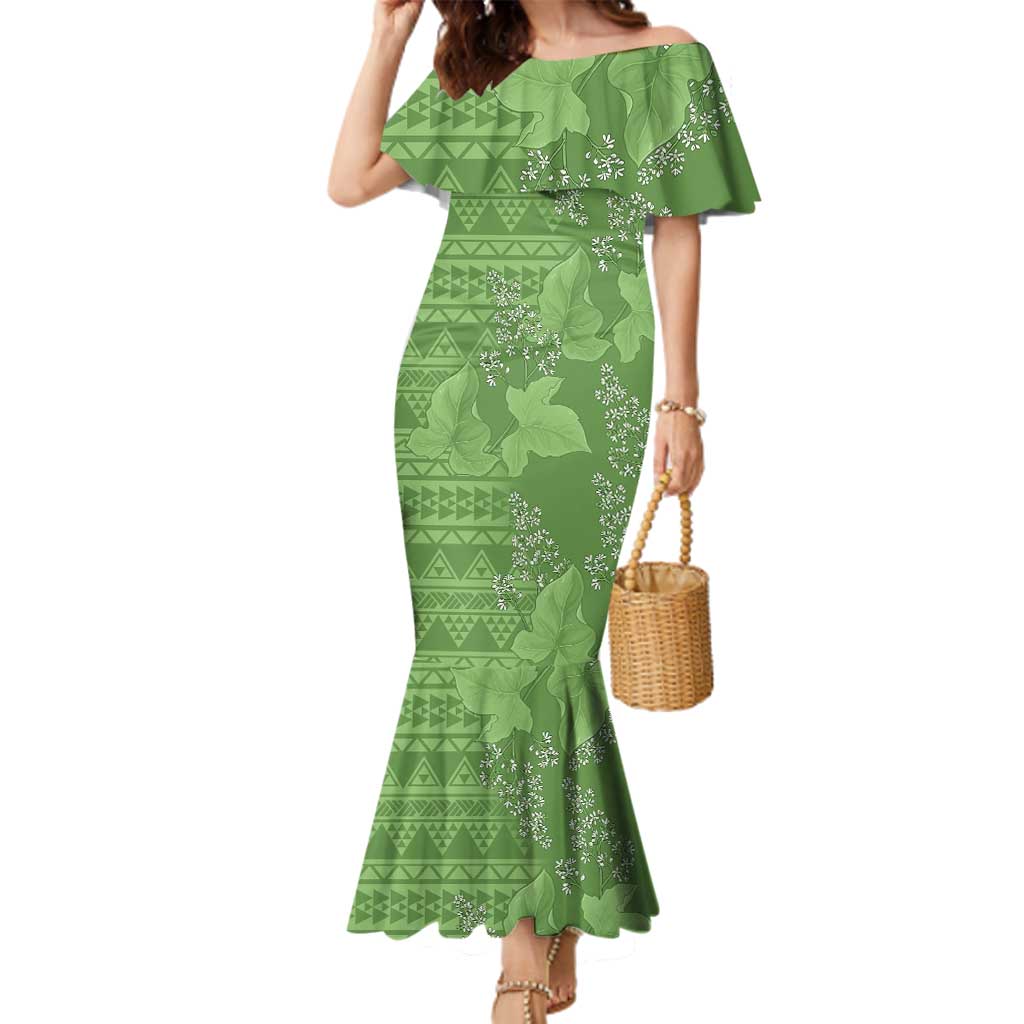 Hawaii Molokai Island Kukui Nut Flowers Family Matching Mermaid Dress and Hawaiian Shirt Tribal Kakau Pattern LT9 Mom's Dress Green - Polynesian Pride