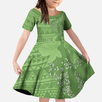 Hawaii Molokai Island Kukui Nut Flowers Family Matching Off The Shoulder Long Sleeve Dress and Hawaiian Shirt Tribal Kakau Pattern LT9 Daughter's Dress Green - Polynesian Pride