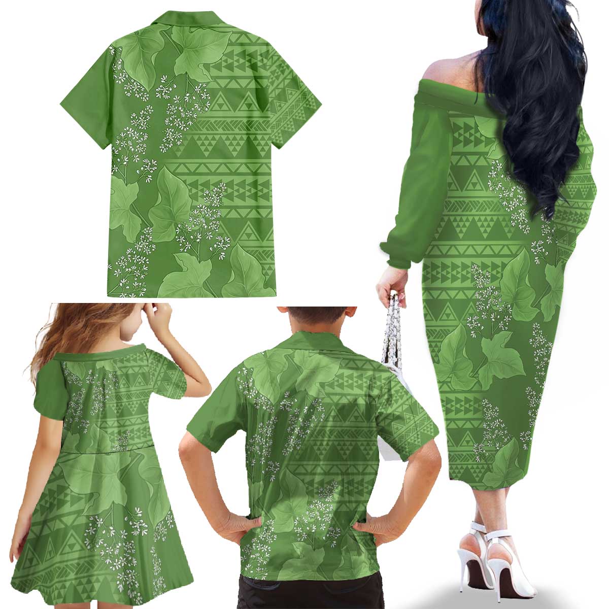 Hawaii Molokai Island Kukui Nut Flowers Family Matching Off The Shoulder Long Sleeve Dress and Hawaiian Shirt Tribal Kakau Pattern LT9 - Polynesian Pride