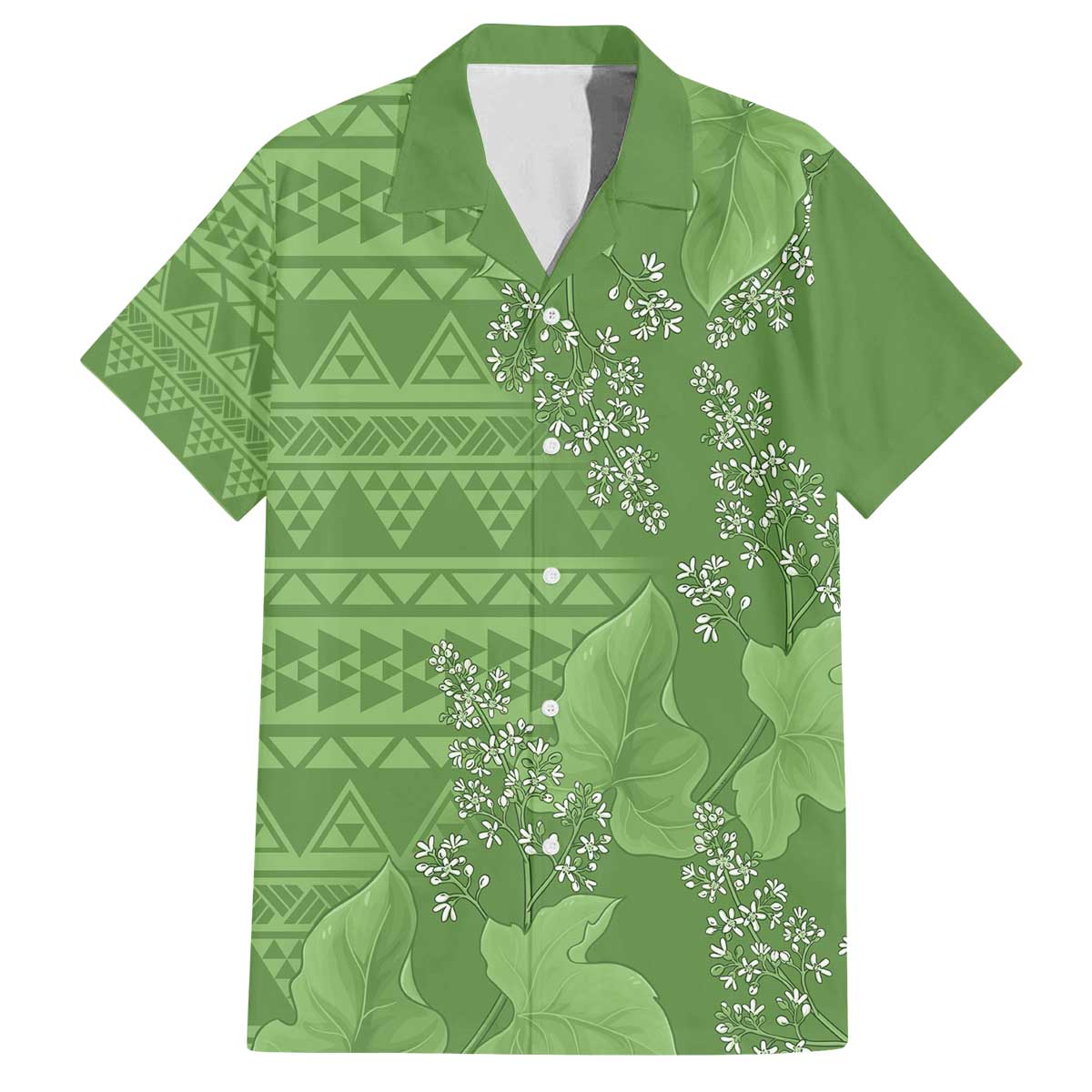 Hawaii Molokai Island Kukui Nut Flowers Family Matching Off The Shoulder Long Sleeve Dress and Hawaiian Shirt Tribal Kakau Pattern LT9 Dad's Shirt - Short Sleeve Green - Polynesian Pride