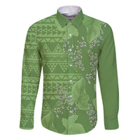 Hawaii Molokai Island Kukui Nut Flowers Family Matching Off The Shoulder Long Sleeve Dress and Hawaiian Shirt Tribal Kakau Pattern LT9 Dad's Shirt - Long Sleeve Green - Polynesian Pride