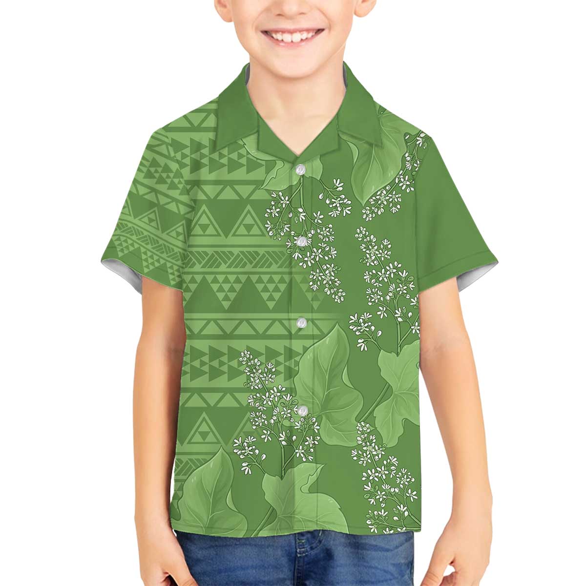 Hawaii Molokai Island Kukui Nut Flowers Family Matching Off The Shoulder Long Sleeve Dress and Hawaiian Shirt Tribal Kakau Pattern LT9 Son's Shirt Green - Polynesian Pride