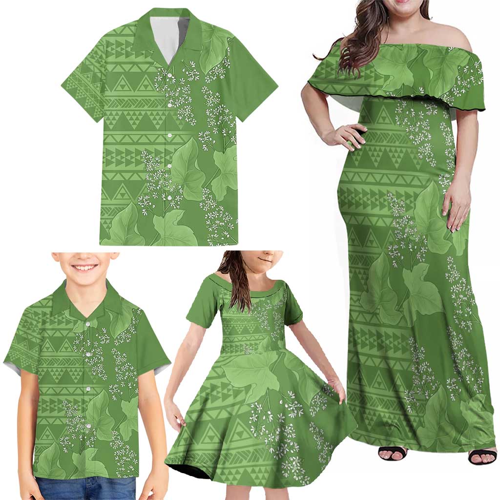 Hawaii Molokai Island Kukui Nut Flowers Family Matching Off Shoulder Maxi Dress and Hawaiian Shirt Tribal Kakau Pattern LT9 - Polynesian Pride