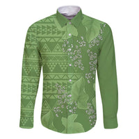 Hawaii Molokai Island Kukui Nut Flowers Family Matching Off Shoulder Maxi Dress and Hawaiian Shirt Tribal Kakau Pattern LT9 Dad's Shirt - Long Sleeve Green - Polynesian Pride