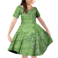 Hawaii Molokai Island Kukui Nut Flowers Family Matching Off Shoulder Short Dress and Hawaiian Shirt Tribal Kakau Pattern LT9 Daughter's Dress Green - Polynesian Pride