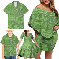 Hawaii Molokai Island Kukui Nut Flowers Family Matching Off Shoulder Short Dress and Hawaiian Shirt Tribal Kakau Pattern LT9 - Polynesian Pride