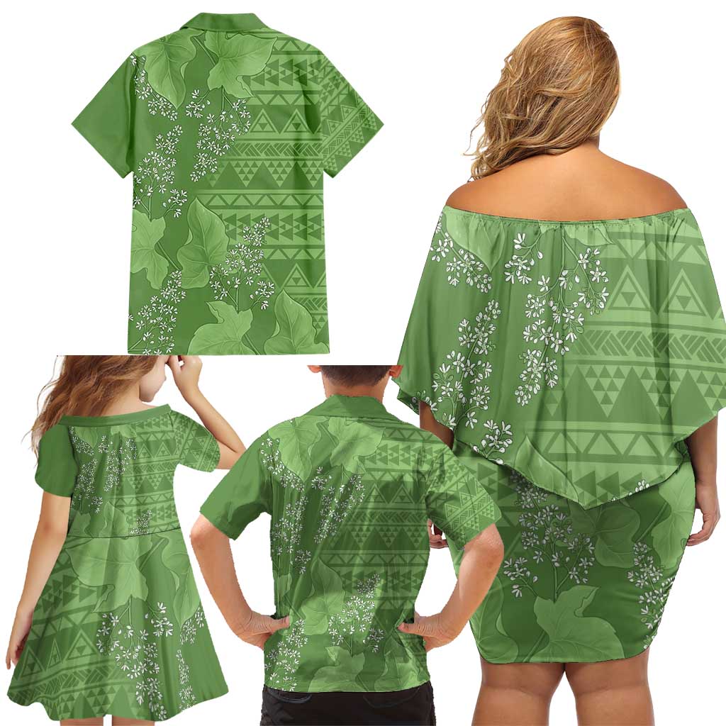 Hawaii Molokai Island Kukui Nut Flowers Family Matching Off Shoulder Short Dress and Hawaiian Shirt Tribal Kakau Pattern LT9 - Polynesian Pride