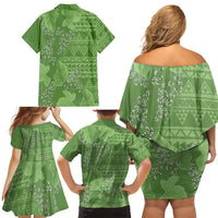 Hawaii Molokai Island Kukui Nut Flowers Family Matching Off Shoulder Short Dress and Hawaiian Shirt Tribal Kakau Pattern LT9 - Polynesian Pride