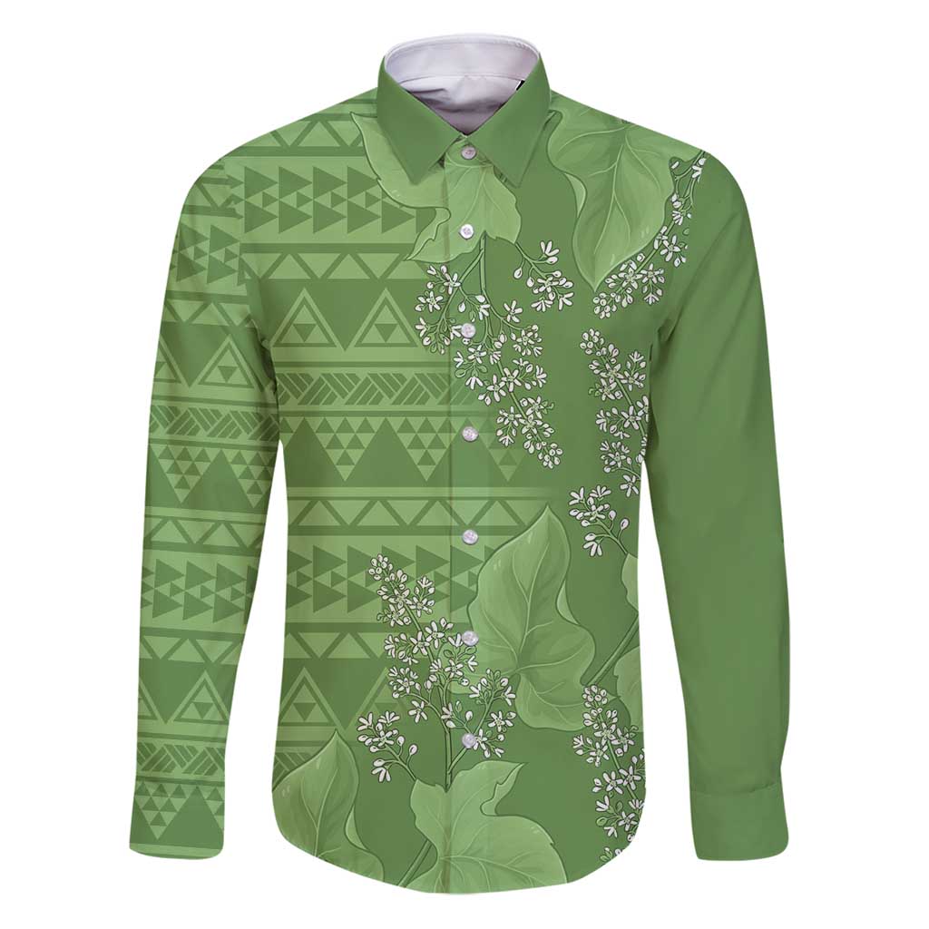 Hawaii Molokai Island Kukui Nut Flowers Family Matching Puletasi and Hawaiian Shirt Tribal Kakau Pattern LT9 Dad's Shirt - Long Sleeve Green - Polynesian Pride