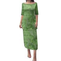 Hawaii Molokai Island Kukui Nut Flowers Family Matching Puletasi and Hawaiian Shirt Tribal Kakau Pattern LT9 Mom's Dress Green - Polynesian Pride