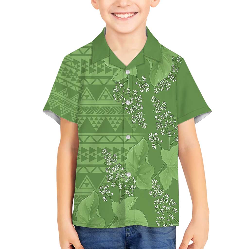 Hawaii Molokai Island Kukui Nut Flowers Family Matching Puletasi and Hawaiian Shirt Tribal Kakau Pattern LT9 Son's Shirt Green - Polynesian Pride