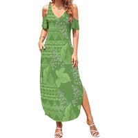 Hawaii Molokai Island Kukui Nut Flowers Family Matching Summer Maxi Dress and Hawaiian Shirt Tribal Kakau Pattern LT9 Mom's Dress Green - Polynesian Pride