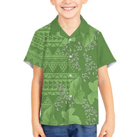 Hawaii Molokai Island Kukui Nut Flowers Family Matching Summer Maxi Dress and Hawaiian Shirt Tribal Kakau Pattern LT9 Son's Shirt Green - Polynesian Pride