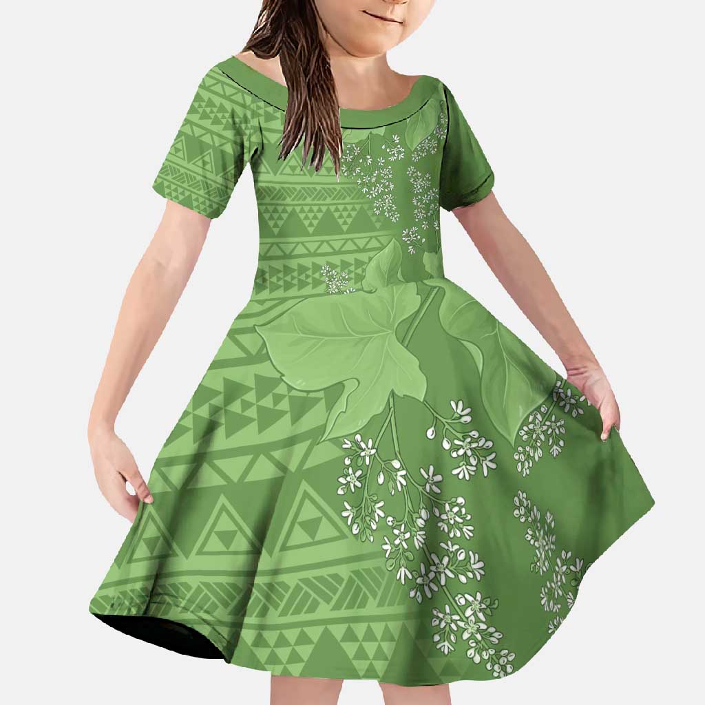 Hawaii Molokai Island Kukui Nut Flowers Family Matching Tank Maxi Dress and Hawaiian Shirt Tribal Kakau Pattern LT9 Daughter's Dress Green - Polynesian Pride