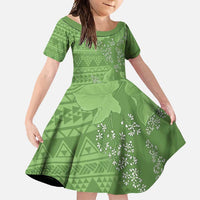 Hawaii Molokai Island Kukui Nut Flowers Family Matching Tank Maxi Dress and Hawaiian Shirt Tribal Kakau Pattern LT9 Daughter's Dress Green - Polynesian Pride