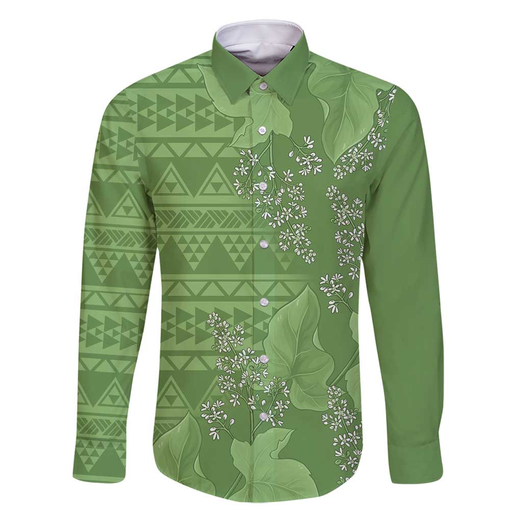 Hawaii Molokai Island Kukui Nut Flowers Family Matching Tank Maxi Dress and Hawaiian Shirt Tribal Kakau Pattern LT9 Dad's Shirt - Long Sleeve Green - Polynesian Pride