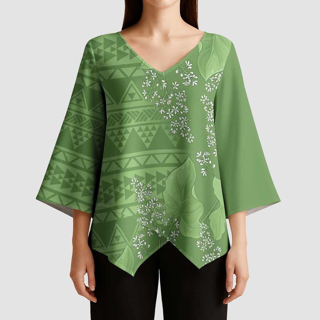 Hawaii Molokai Island Kukui Nut Flowers Kimono Sleeve Blouse Tribal Kakau Pattern - Polynesian Pride