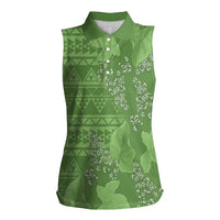 Hawaii Molokai Island Kukui Nut Flowers Women Sleeveless Polo Shirt Tribal Kakau Pattern LT9 Female Green - Polynesian Pride