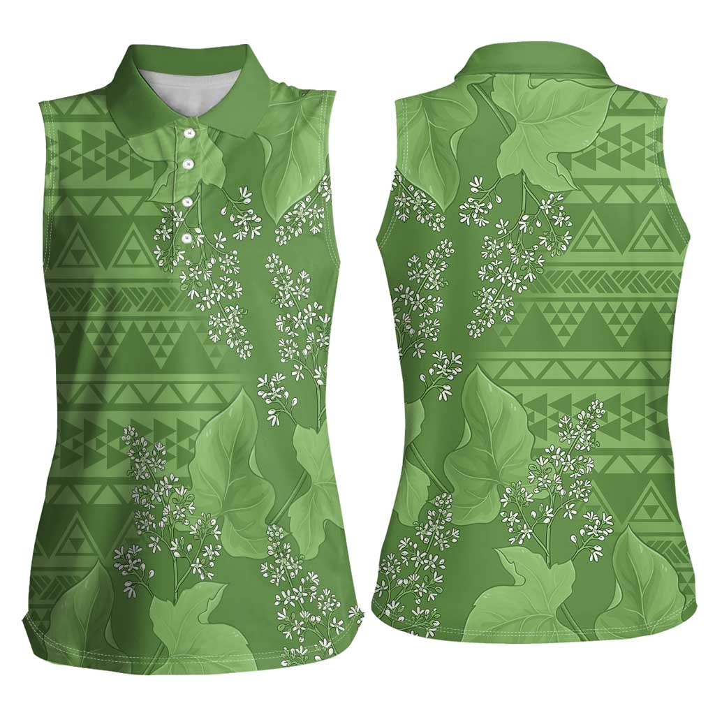 Hawaii Molokai Island Kukui Nut Flowers Women Sleeveless Polo Shirt Tribal Kakau Pattern LT9 - Polynesian Pride