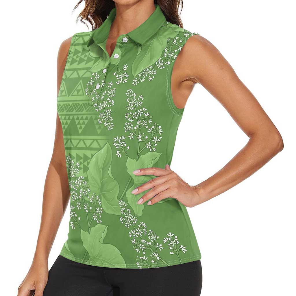 Hawaii Molokai Island Kukui Nut Flowers Women Sleeveless Polo Shirt Tribal Kakau Pattern LT9 - Polynesian Pride
