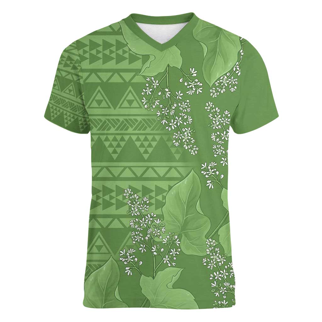 Hawaii Molokai Island Kukui Nut Flowers Women V-Neck T-Shirt Tribal Kakau Pattern LT9 Female Green - Polynesian Pride