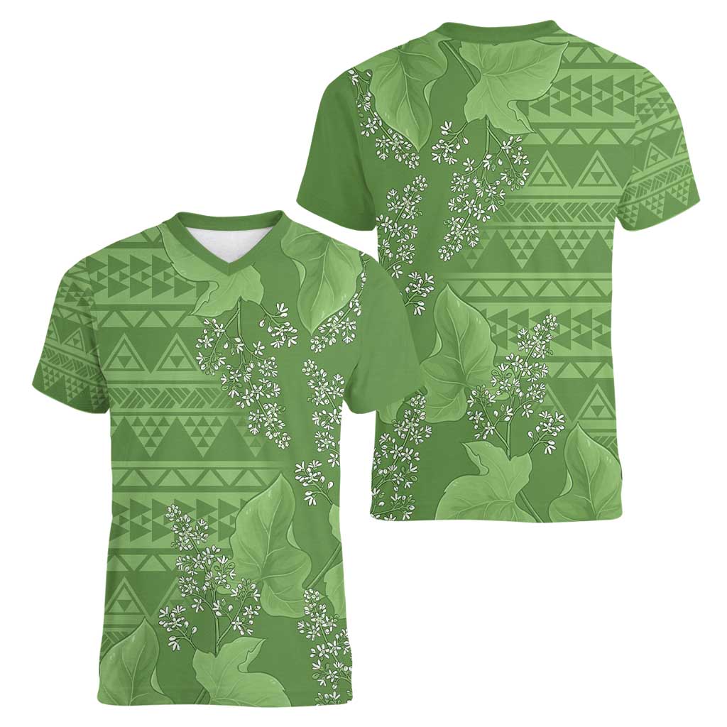Hawaii Molokai Island Kukui Nut Flowers Women V-Neck T-Shirt Tribal Kakau Pattern LT9 - Polynesian Pride