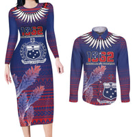 Custom Samoa 1962 Independence Day Custom Couples Matching Long Sleeve Bodycon Dress and Long Sleeve Button Shirt Manuia le Aso Tuto'atasi Ula Nifo Blue Art LT9 Blue - Polynesian Pride