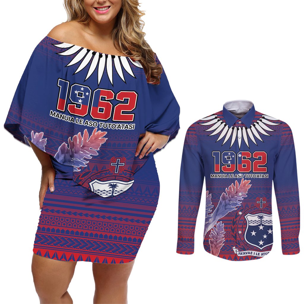 Custom Samoa 1962 Independence Day Custom Couples Matching Off Shoulder Short Dress and Long Sleeve Button Shirt Manuia le Aso Tuto'atasi Ula Nifo Blue Art LT9 Blue - Polynesian Pride