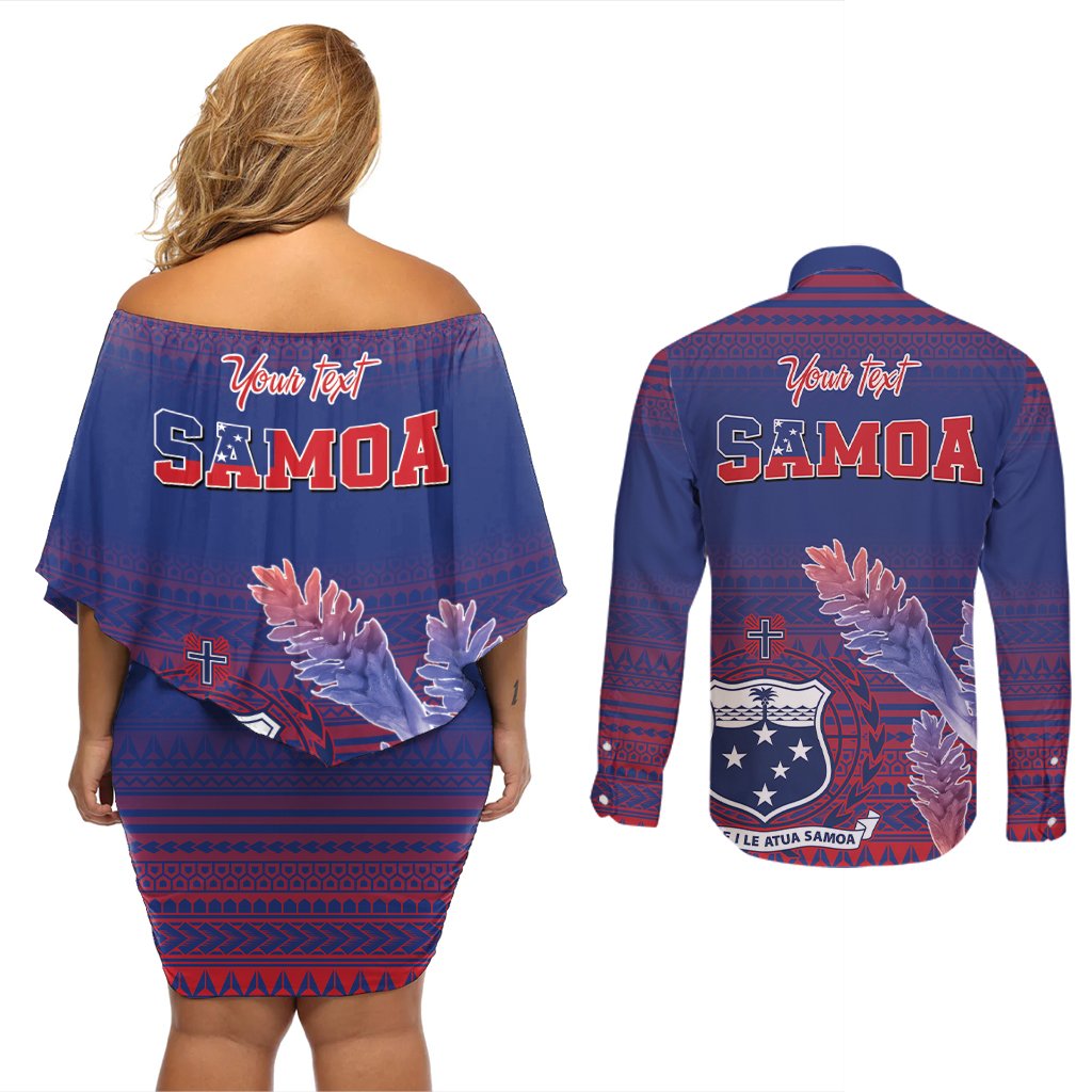 Custom Samoa 1962 Independence Day Custom Couples Matching Off Shoulder Short Dress and Long Sleeve Button Shirt Manuia le Aso Tuto'atasi Ula Nifo Blue Art LT9 - Polynesian Pride