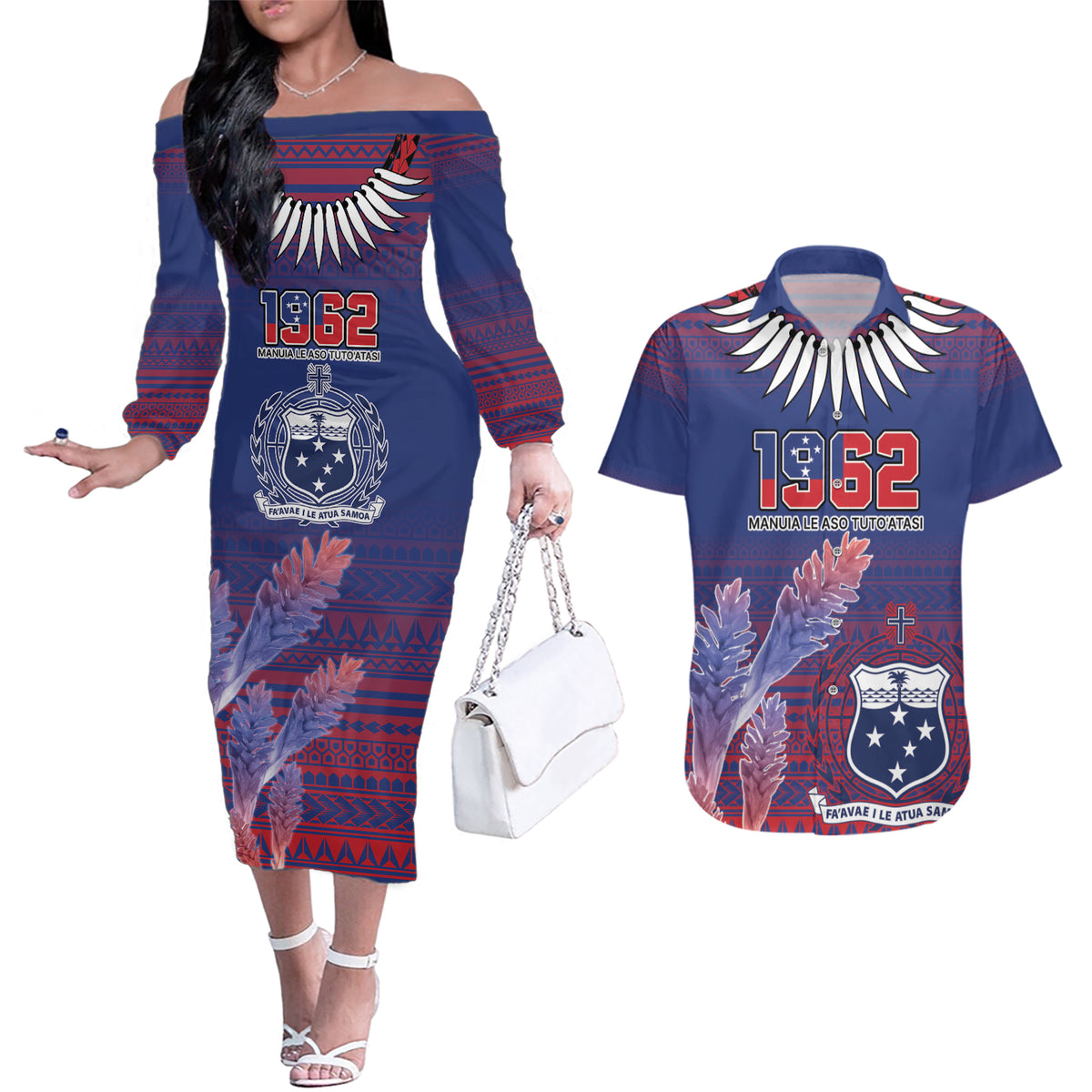 Custom Samoa 1962 Independence Day Custom Couples Matching Off The Shoulder Long Sleeve Dress and Hawaiian Shirt Manuia le Aso Tuto'atasi Ula Nifo Blue Art LT9 Blue - Polynesian Pride