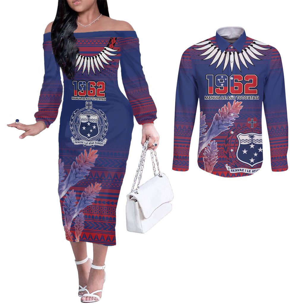 Custom Samoa 1962 Independence Day Custom Couples Matching Off The Shoulder Long Sleeve Dress and Long Sleeve Button Shirt Manuia le Aso Tuto'atasi Ula Nifo Blue Art LT9 Blue - Polynesian Pride