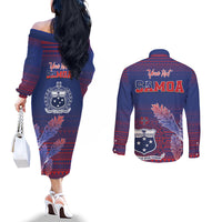 Custom Samoa 1962 Independence Day Custom Couples Matching Off The Shoulder Long Sleeve Dress and Long Sleeve Button Shirt Manuia le Aso Tuto'atasi Ula Nifo Blue Art LT9 - Polynesian Pride