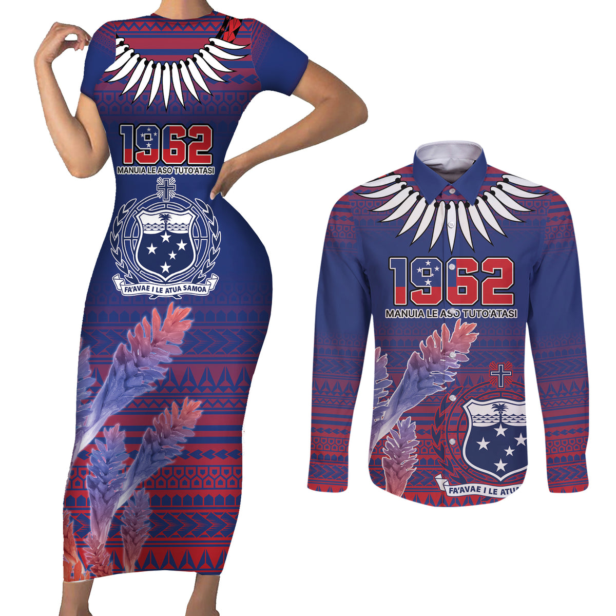 Custom Samoa 1962 Independence Day Custom Couples Matching Short Sleeve Bodycon Dress and Long Sleeve Button Shirt Manuia le Aso Tuto'atasi Ula Nifo Blue Art LT9 Blue - Polynesian Pride