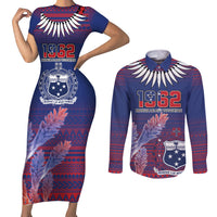 Custom Samoa 1962 Independence Day Custom Couples Matching Short Sleeve Bodycon Dress and Long Sleeve Button Shirt Manuia le Aso Tuto'atasi Ula Nifo Blue Art LT9 Blue - Polynesian Pride
