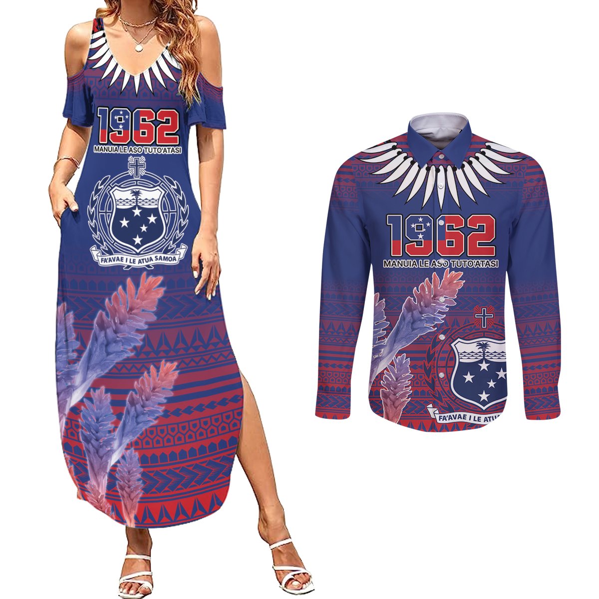 Custom Samoa 1962 Independence Day Custom Couples Matching Summer Maxi Dress and Long Sleeve Button Shirt Manuia le Aso Tuto'atasi Ula Nifo Blue Art LT9 Blue - Polynesian Pride