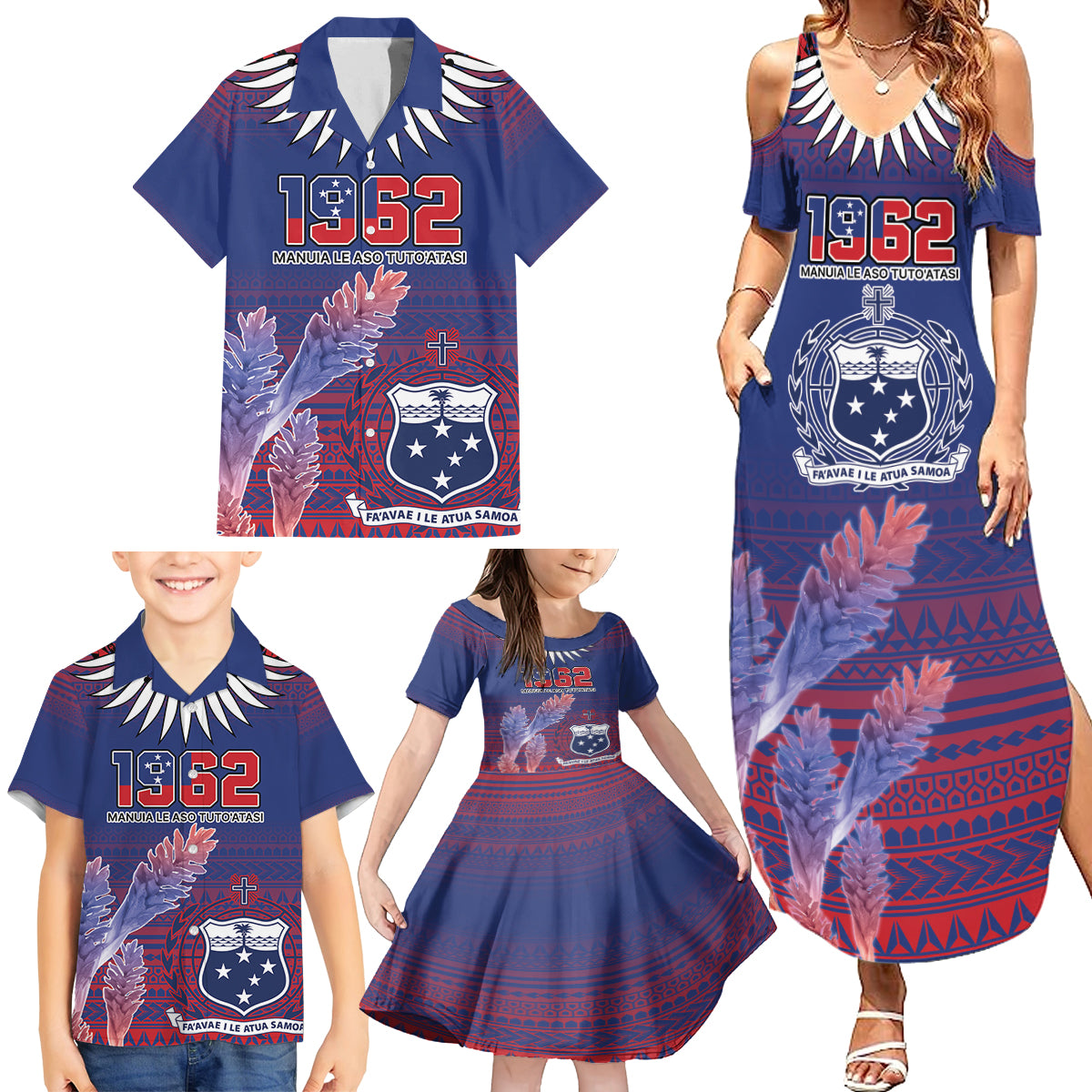 Custom Samoa 1962 Independence Day Custom Family Matching Summer Maxi Dress and Hawaiian Shirt Manuia le Aso Tuto'atasi Ula Nifo Blue Art LT9 - Polynesian Pride