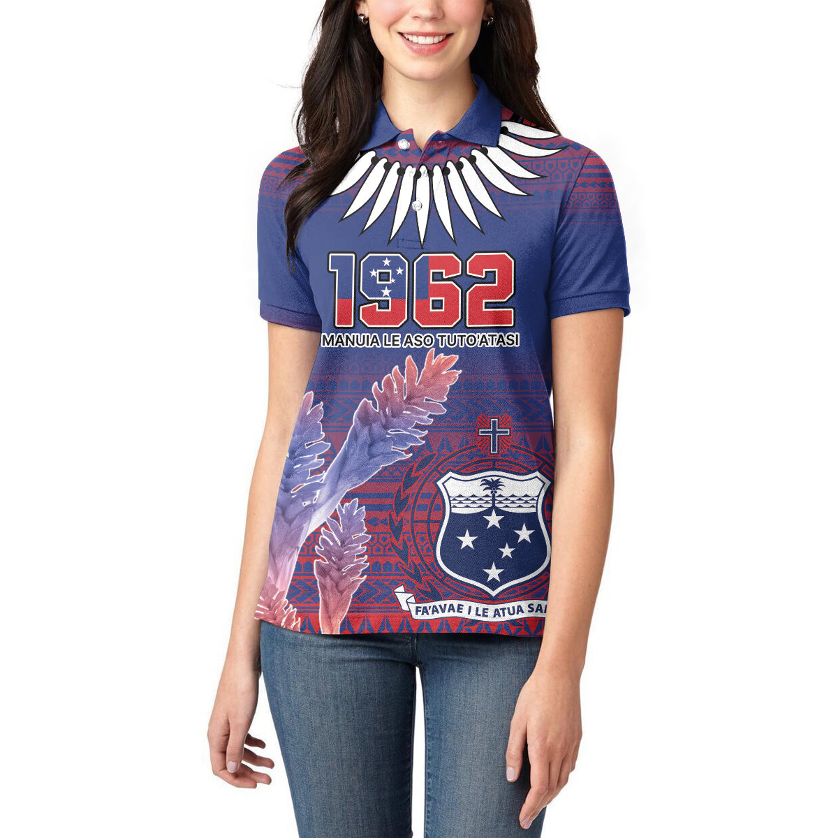 Custom Samoa 1962 Independence Day Custom Women Polo Shirt Manuia le Aso Tuto'atasi Ula Nifo Blue Art LT9 - Polynesian Pride