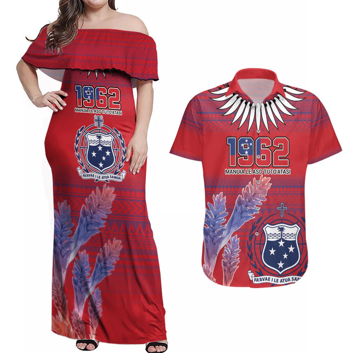 Custom Samoa 1962 Independence Day Custom Couples Matching Off Shoulder Maxi Dress and Hawaiian Shirt Manuia le Aso Tuto'atasi Ula Nifo Red Art LT9 Red - Polynesian Pride