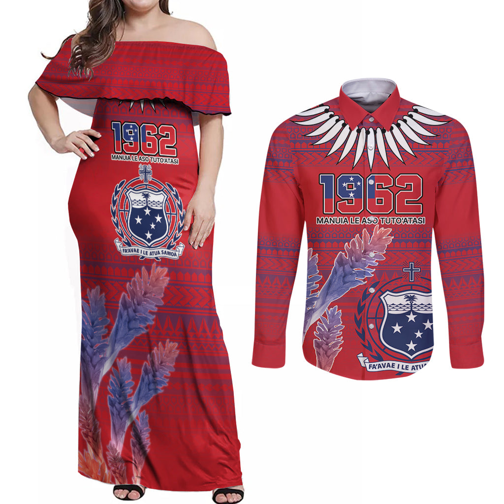 Custom Samoa 1962 Independence Day Custom Couples Matching Off Shoulder Maxi Dress and Long Sleeve Button Shirt Manuia le Aso Tuto'atasi Ula Nifo Red Art LT9 Red - Polynesian Pride