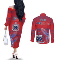Custom Samoa 1962 Independence Day Custom Couples Matching Off The Shoulder Long Sleeve Dress and Long Sleeve Button Shirt Manuia le Aso Tuto'atasi Ula Nifo Red Art LT9 - Polynesian Pride
