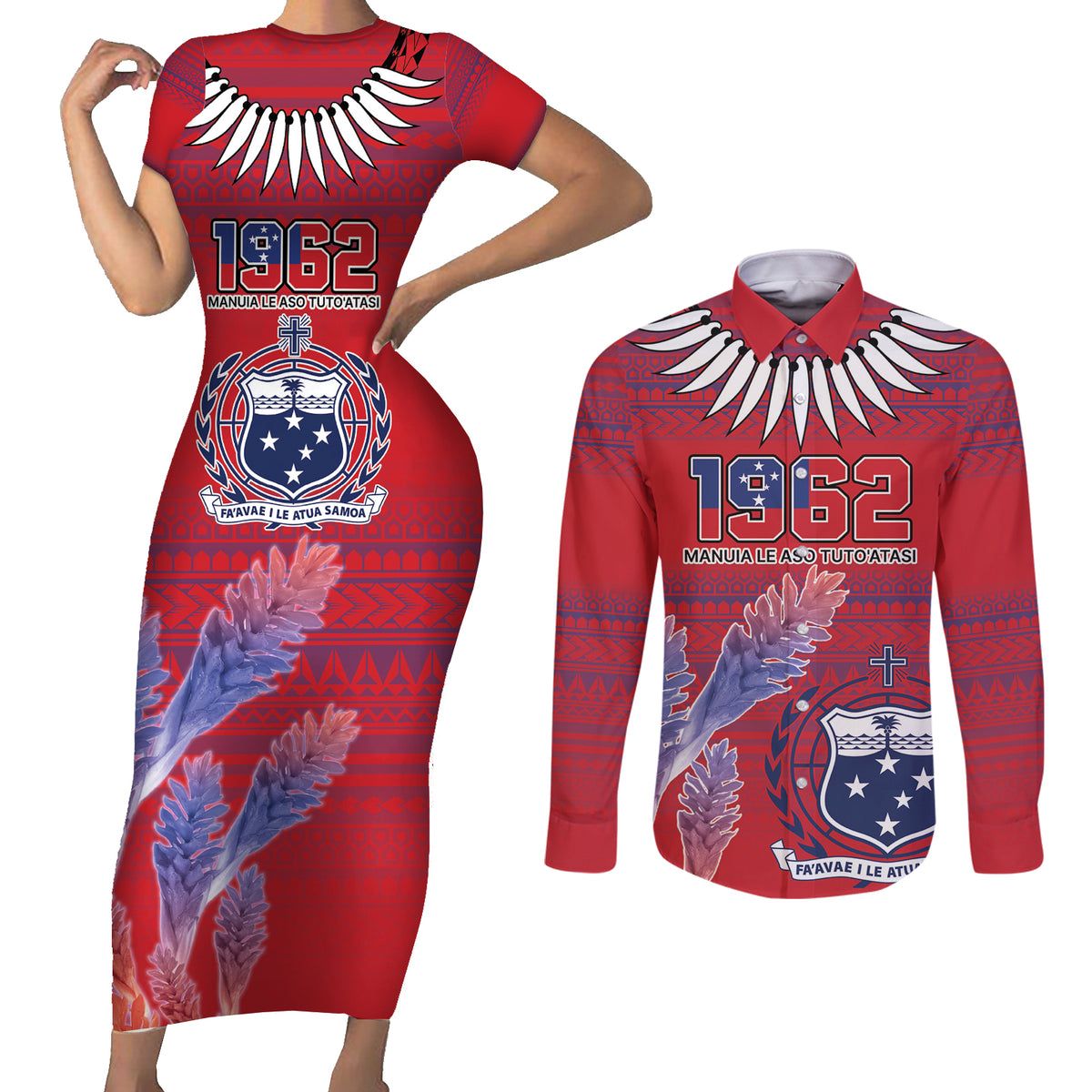 Custom Samoa 1962 Independence Day Custom Couples Matching Short Sleeve Bodycon Dress and Long Sleeve Button Shirt Manuia le Aso Tuto'atasi Ula Nifo Red Art LT9 Red - Polynesian Pride