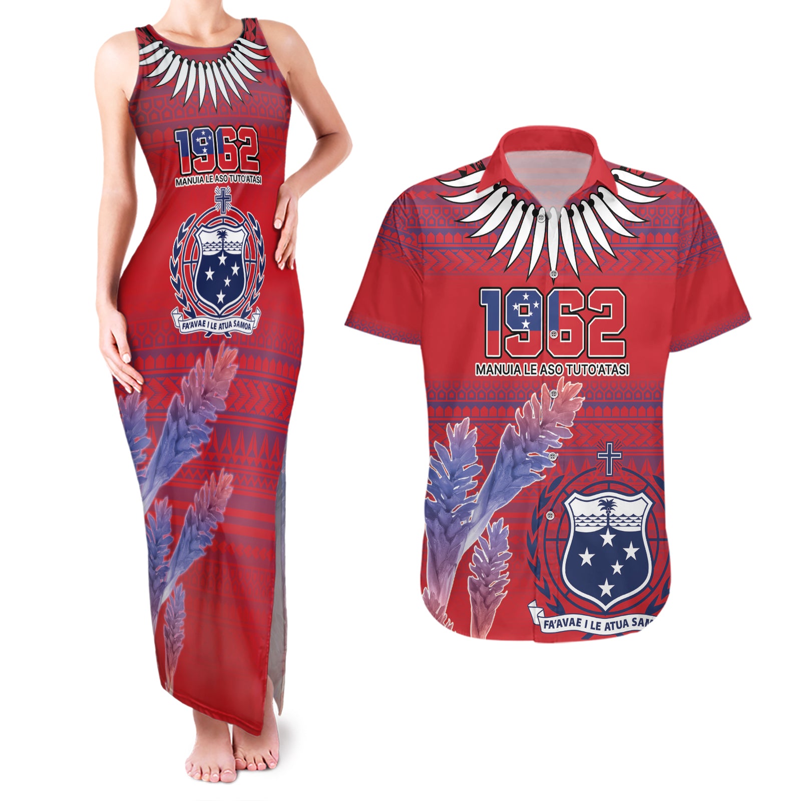 Custom Samoa 1962 Independence Day Custom Couples Matching Tank Maxi Dress and Hawaiian Shirt Manuia le Aso Tuto'atasi Ula Nifo Red Art