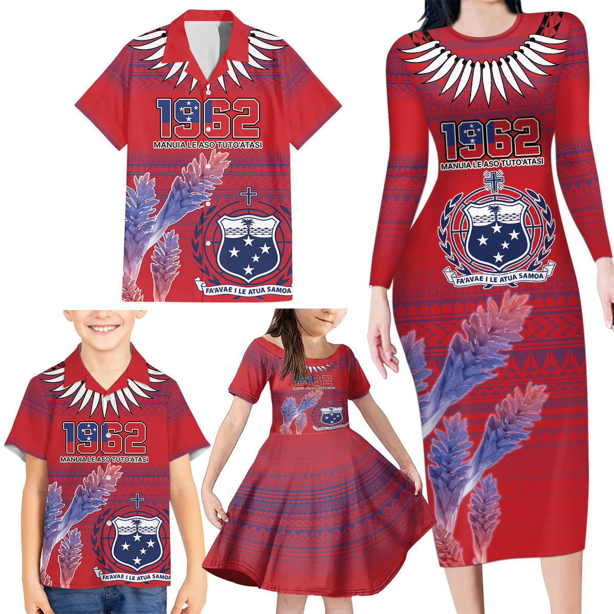 Custom Samoa 1962 Independence Day Custom Family Matching Long Sleeve Bodycon Dress and Hawaiian Shirt Manuia le Aso Tuto'atasi Ula Nifo Red Art LT9 - Polynesian Pride